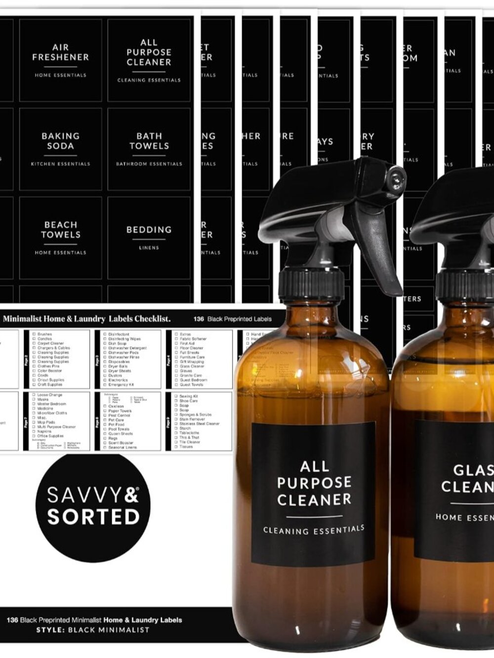 Black Laundry Labels for Jars, 136 Preprinted Home and Laundry Stickers for Stor
